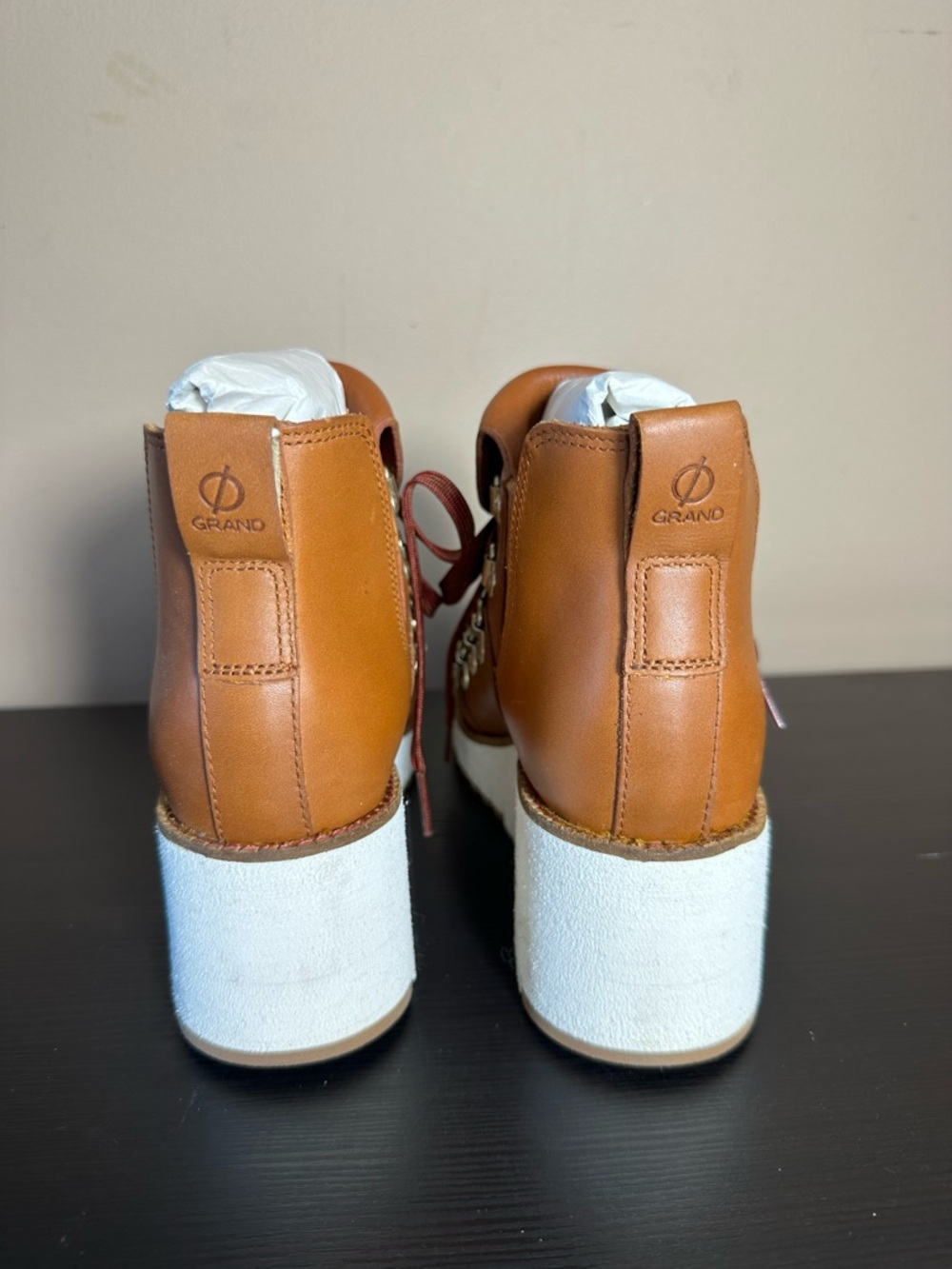 Cole Haan Cognac Leather Wedge Hiker Boots with Burgundy Laces Women’s US 5.5 - Picture 3 of 9